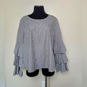 Abound Flutter Sleeve Blouse 100% Cotton Dramatic Striped Career Romantic Large